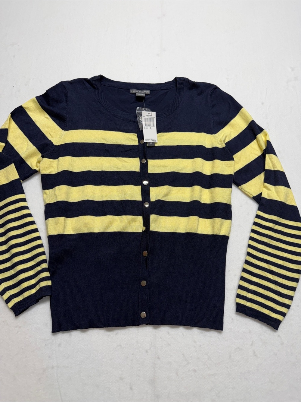 Chelsea & Theodore Striped Navy and Yellow Women’s Sweater Cardigan XL NWT